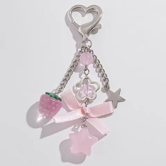 Y2K Fashion Flower Star Love Bow Strawberry Pendant Acrylic Keychain Student Women's Bag Backpack Pants Chain Accessories