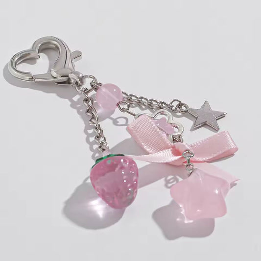 Y2K Fashion Flower Star Love Bow Strawberry Pendant Acrylic Keychain Student Women's Bag Backpack Pants Chain Accessories